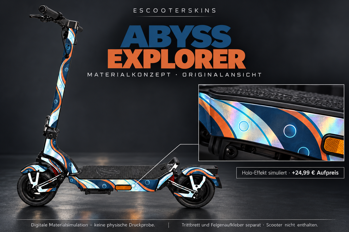ABYSS EXPLORER · Holo-Effekt simuliert · +24,99 € Aufpreis · digitale Materialsimulation, keine physische Druckprobe; Trittbrett und Felgenaufkleber separat; Scooter nicht enthalten.