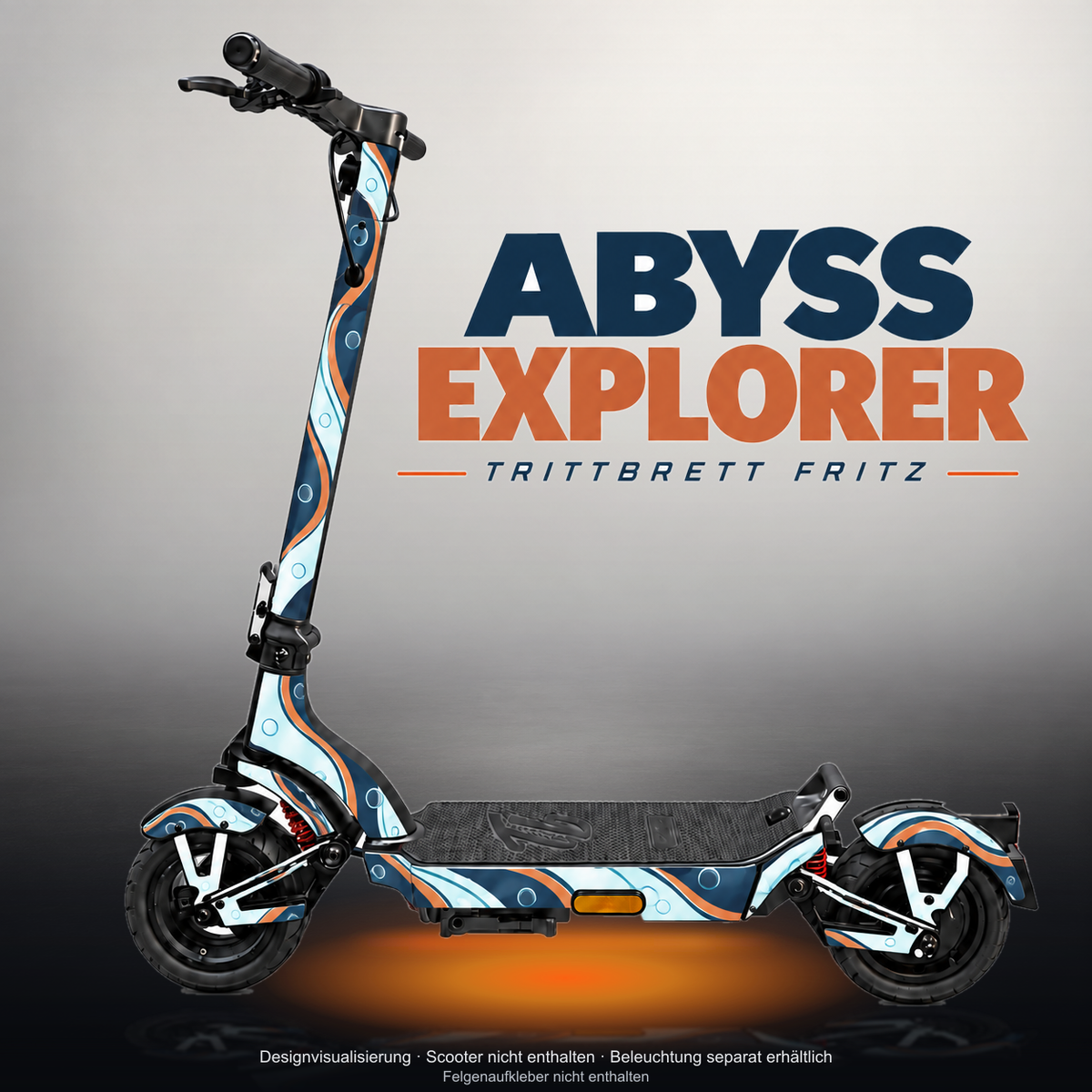 TRITTBRETT FRITZ SKIN | ABYSS EXPLORER – Studiofoto mit Licht in der Skinfarbe; Scooter und Beleuchtung separat erhältlich