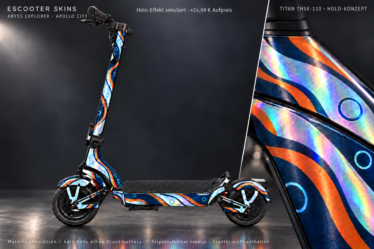 APOLLO CITY / CITY PRO (2022–2024) SKIN | ABYSS EXPLORER – Holo-Effekt simuliert; +24,99 EUR Aufpreis. Digitale Materialsimulation, keine physische Druckprobe. Nur Body-Skin; Scooter und Felgenaufkleber nicht enthalten.