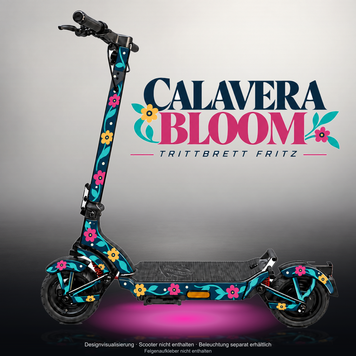 TRITTBRETT FRITZ SKIN | CALAVERA BLOOM – Studiofoto mit Licht in der Skinfarbe; Scooter und Beleuchtung separat erhältlich