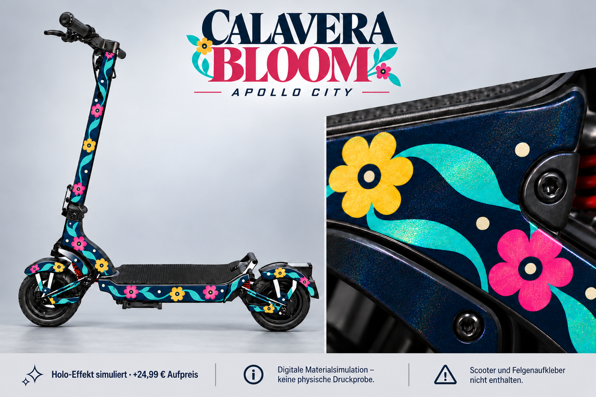 APOLLO CITY / CITY PRO (2022–2024) SKIN | CALAVERA BLOOM – Holo-Effekt simuliert; +24,99 EUR Aufpreis. Digitale Materialsimulation, keine physische Druckprobe. Nur Body-Skin; Scooter und Felgenaufkleber nicht enthalten.