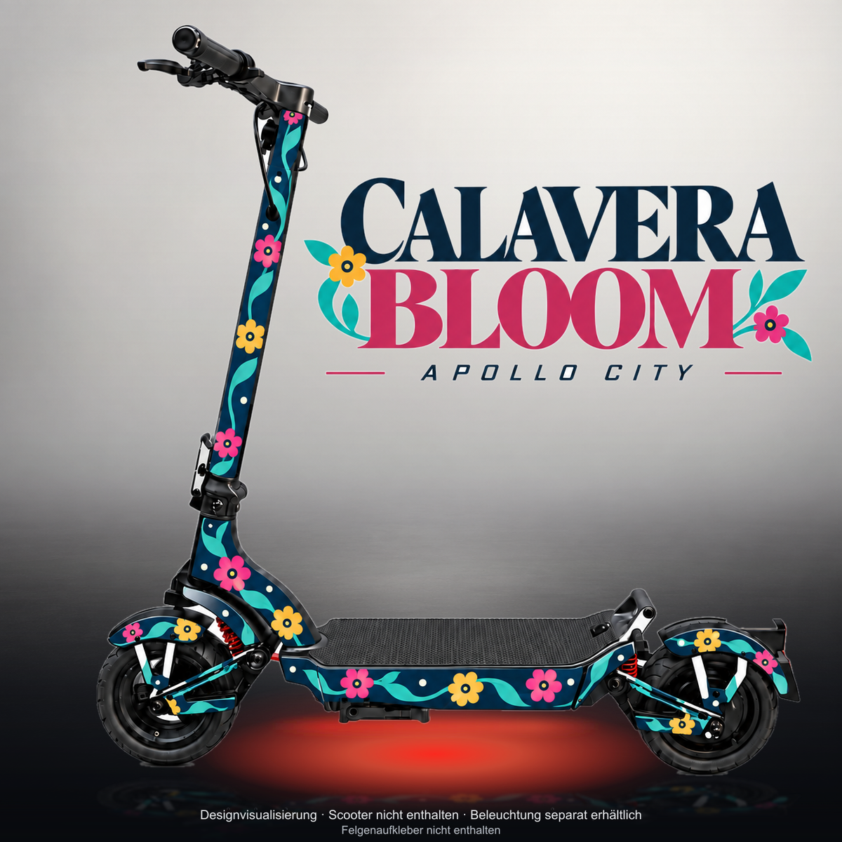 APOLLO CITY / CITY PRO (2022–2024) SKIN | CALAVERA BLOOM – Studiofoto mit Licht in der Skinfarbe; Scooter und Beleuchtung separat erhältlich