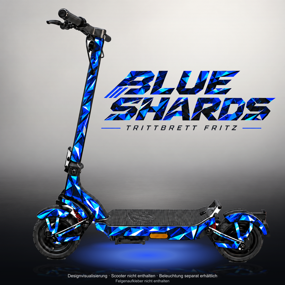 TRITTBRETT FRITZ SKIN | BLUE SHARDS – Studiofoto mit Licht in der Skinfarbe; Scooter und Beleuchtung separat erhältlich