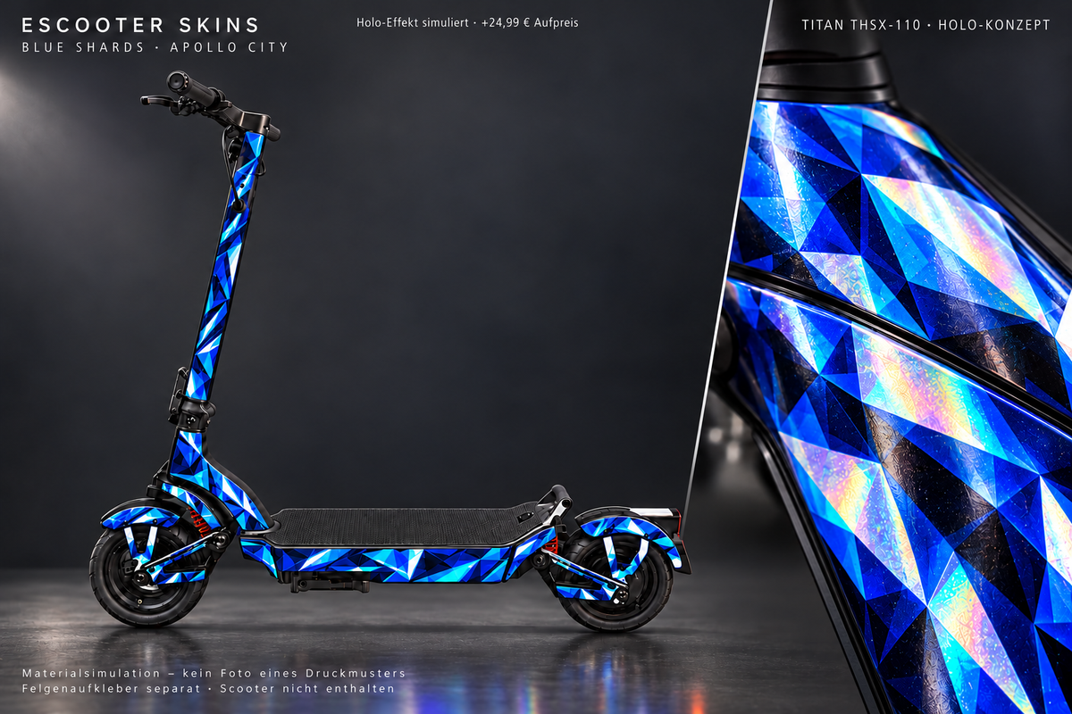 APOLLO CITY / CITY PRO (2022–2024) SKIN | BLUE SHARDS – Holo-Effekt simuliert; +24,99 EUR Aufpreis. Digitale Materialsimulation, keine physische Druckprobe. Nur Body-Skin; Scooter und Felgenaufkleber nicht enthalten.