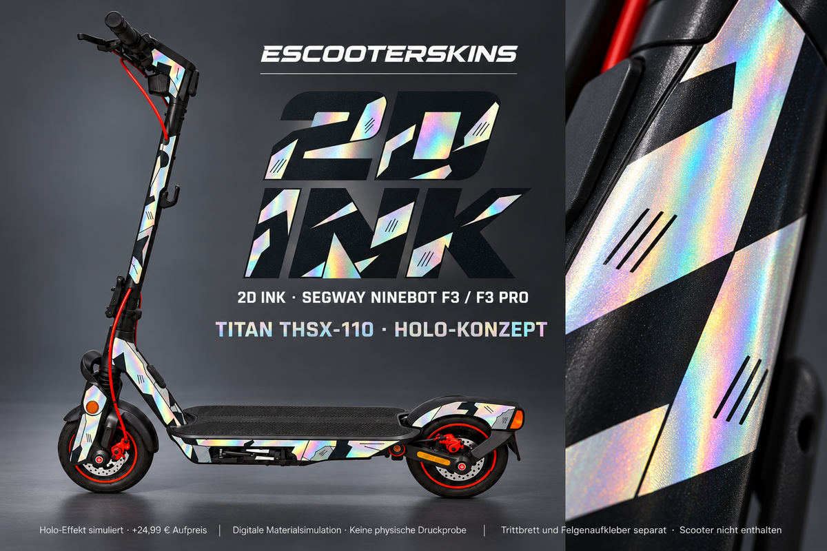 SEGWAY NINEBOT F3 / F3 PRO SKIN | 2D INK – Holo-Effekt simuliert; +24,99 EUR Aufpreis. Digitale Materialsimulation, keine physische Druckprobe. Nur Body-Skin; Trittbrett und Felgenaufkleber separat; Scooter nicht enthalten.