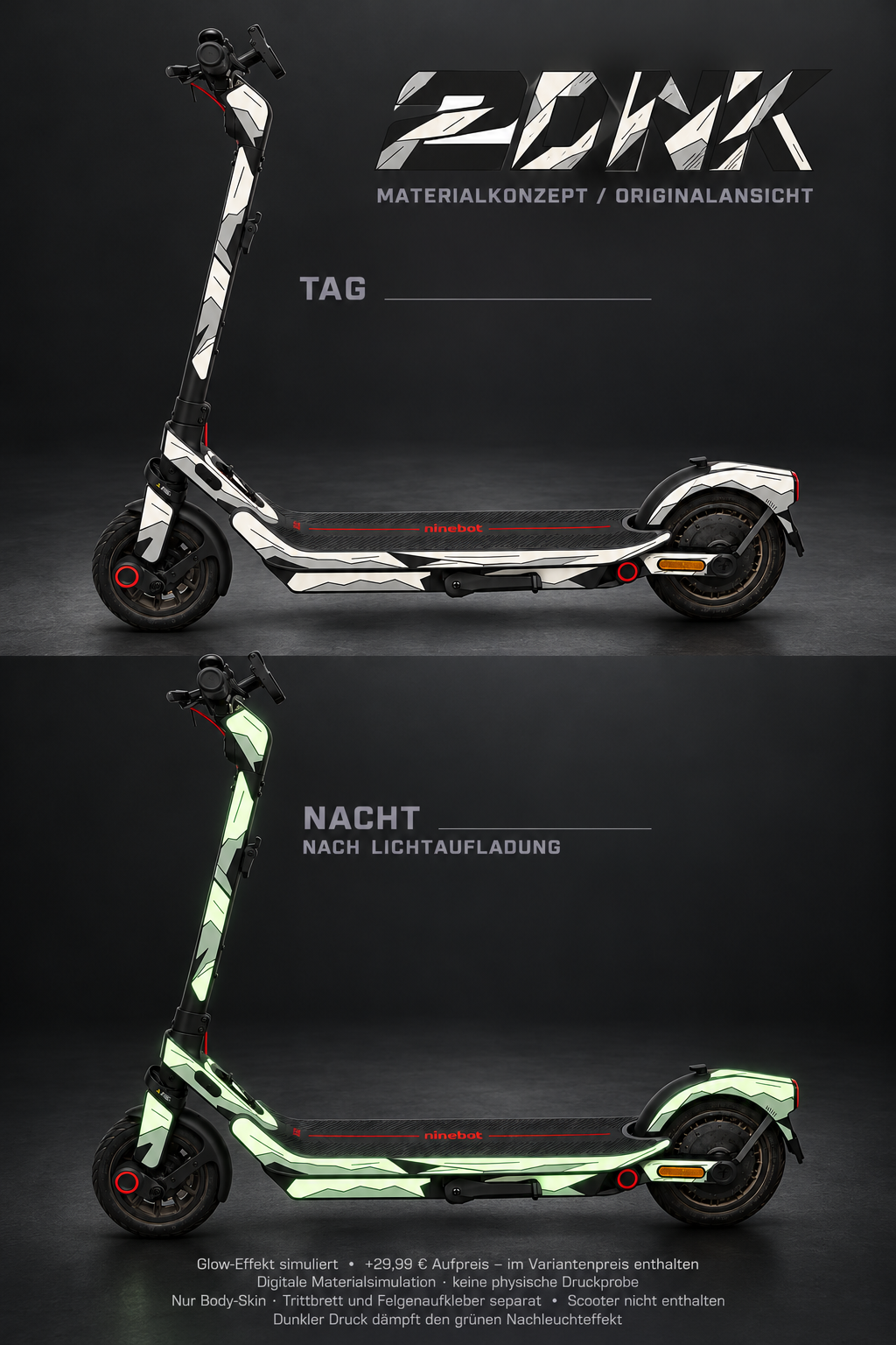SEGWAY NINEBOT E3 / E3 PRO SKIN | 2D INK · Glow in the Dark · Nachteffekt simuliert · +29,99 € Aufpreis im Preis der gewählten Glow-Variante enthalten · digitale Materialsimulation, keine physische Druckprobe · Nur Body-Skin; Trittbrett und Felgenaufkleber separat; Scooter nicht enthalten.