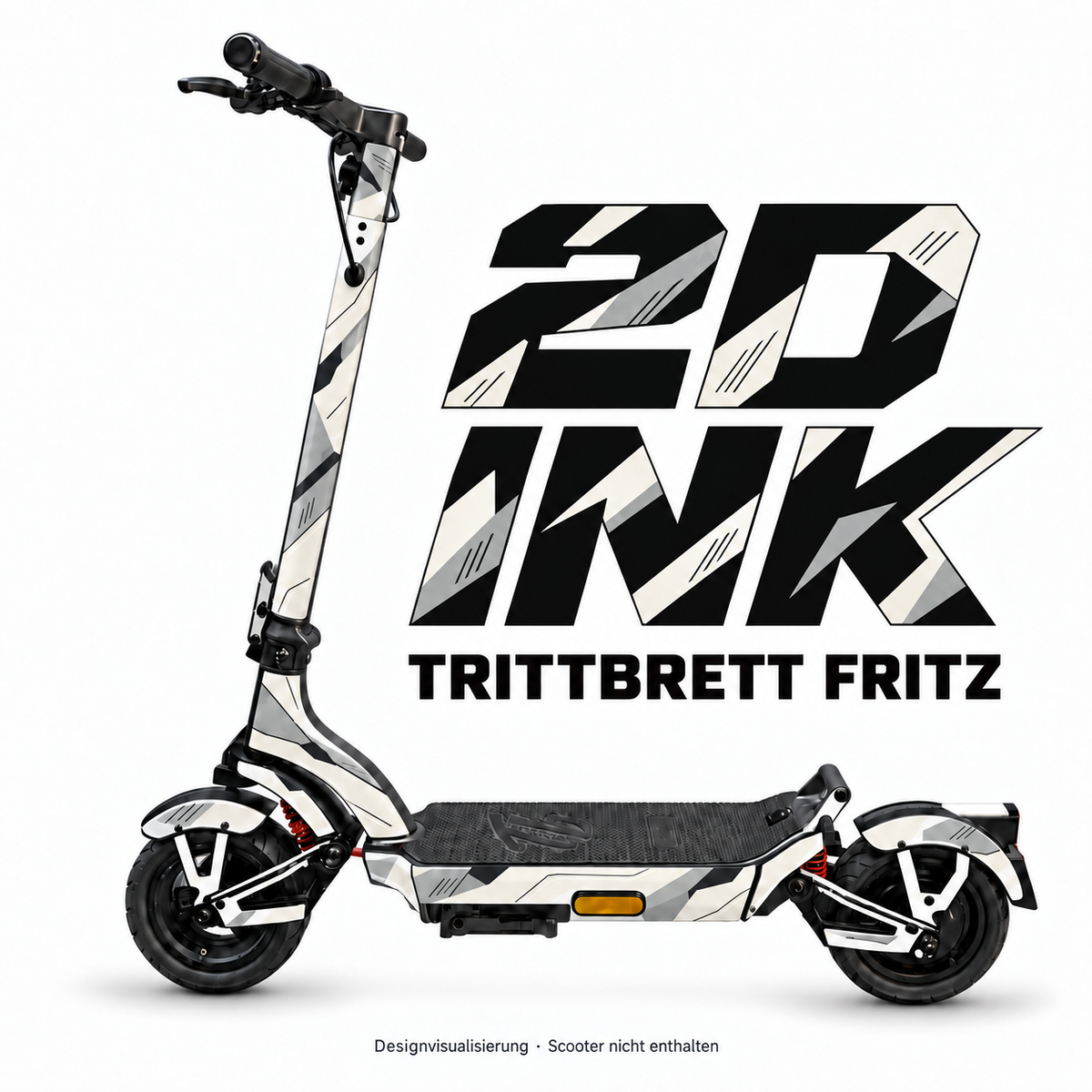 TRITTBRETT FRITZ SKIN | 2D INK – Designvisualisierung am passenden Scooter. Scooter nicht enthalten.