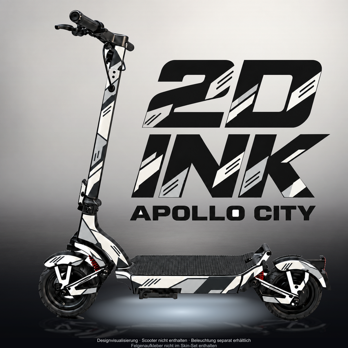 APOLLO CITY / CITY PRO (2022–2024) SKIN | 2D INK – Designvisualisierung mit Licht in der Skinfarbe; Scooter nicht enthalten, Beleuchtung separat erhältlich