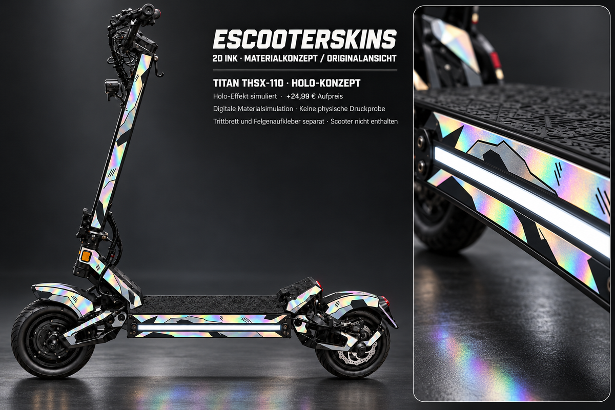 2D INK · Holo-Effekt simuliert · +24,99 € Aufpreis · digitale Materialsimulation, keine physische Druckprobe; Trittbrett und Felgenaufkleber separat; Scooter nicht enthalten.