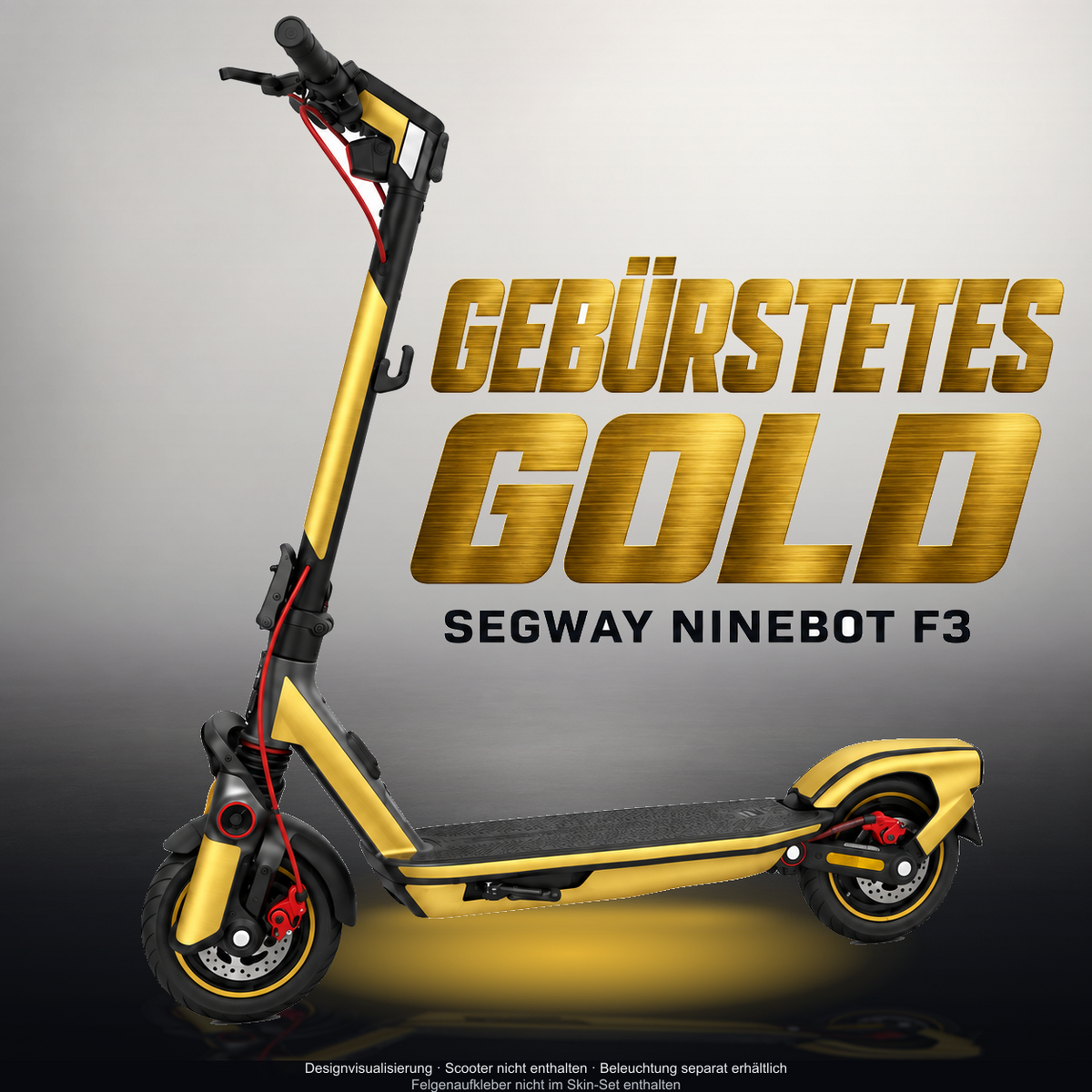 SEGWAY NINEBOT F3 / F3 PRO SKIN | GEBÜRSTETES GOLD – Designvisualisierung mit Licht in der Skinfarbe; Scooter nicht enthalten, Beleuchtung separat erhältlich