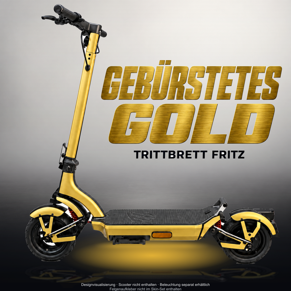 TRITTBRETT FRITZ SKIN | GEBÜRSTETES GOLD – Designvisualisierung mit Licht in der Skinfarbe; Scooter nicht enthalten, Beleuchtung separat erhältlich