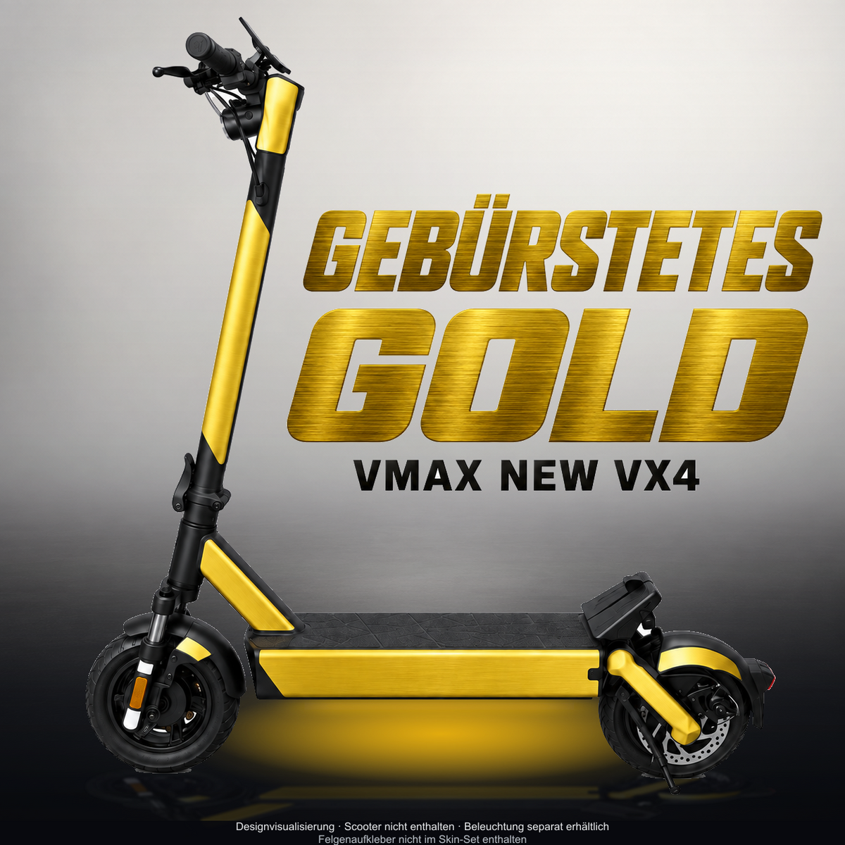VMAX NEW VX4 SKIN | GEBÜRSTETES GOLD – Designvisualisierung mit Licht in der Skinfarbe; Scooter nicht enthalten, Beleuchtung separat erhältlich