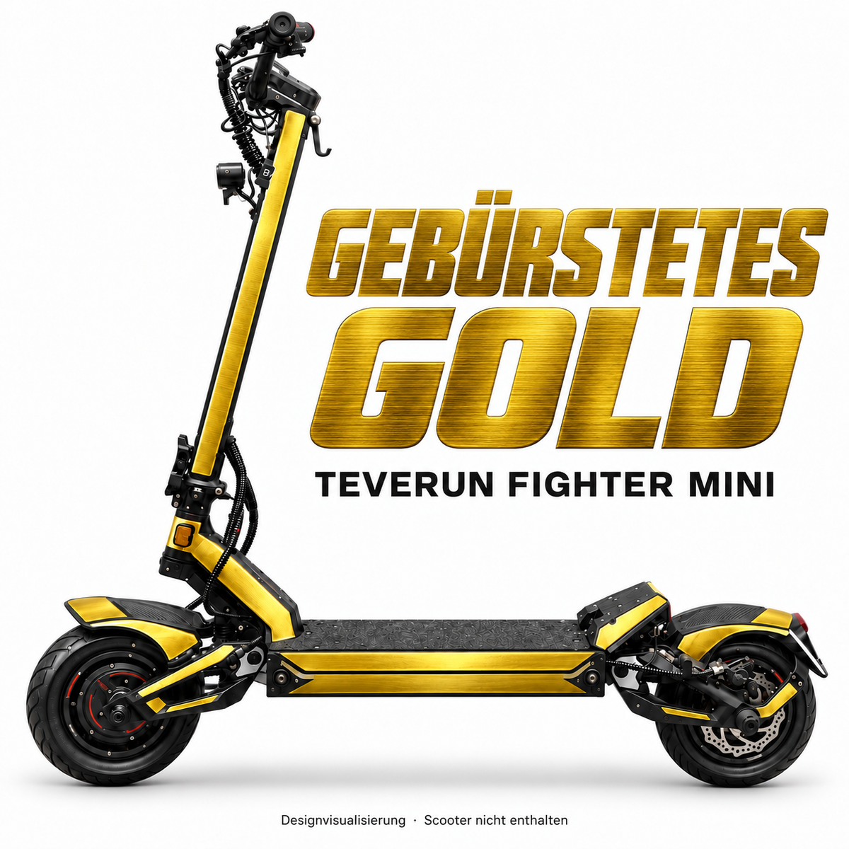 TEVERUN FIGHTER MINI SKIN | GEBÜRSTETES GOLD – Designvisualisierung am passenden Scooter. Scooter nicht enthalten.