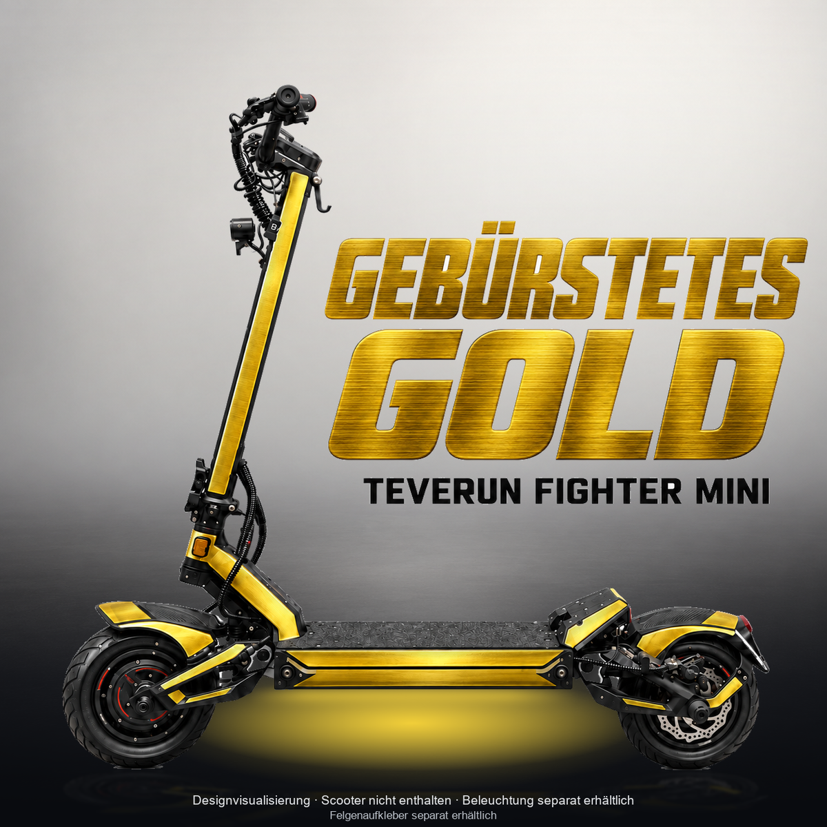 TEVERUN FIGHTER MINI / PRO SKIN | GEBÜRSTETES GOLD – Designvisualisierung mit Licht in der Skinfarbe; Scooter nicht enthalten, Beleuchtung separat erhältlich