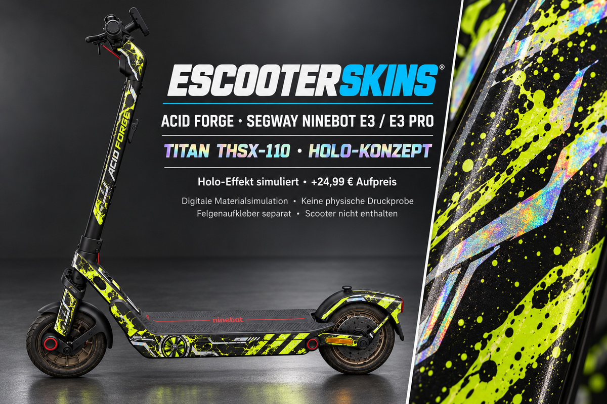 SEGWAY NINEBOT E3 / E3 PRO SKIN | ACID FORGE – Holo-Effekt simuliert; +24,99 EUR Aufpreis. Digitale Materialsimulation, keine physische Druckprobe. Nur Body-Skin; Trittbrett und Felgenaufkleber separat; Scooter nicht enthalten.