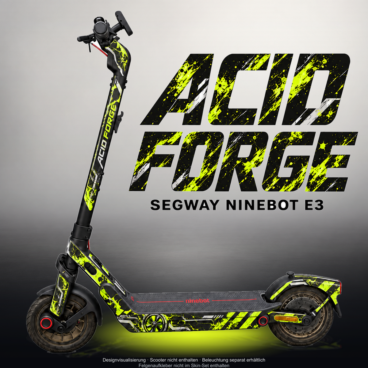 SEGWAY NINEBOT E3 / E3 PRO SKIN | ACID FORGE – Designvisualisierung mit Licht in der Skinfarbe; Scooter nicht enthalten, Beleuchtung separat erhältlich