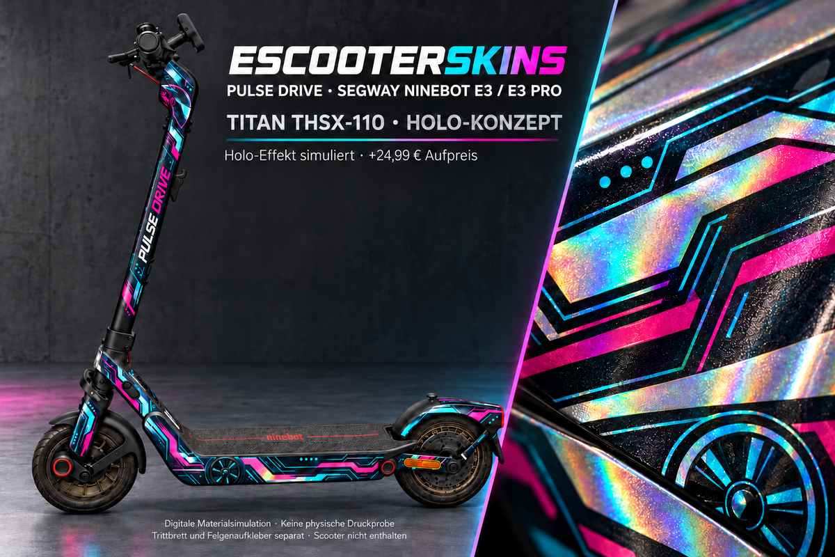 SEGWAY NINEBOT E3 / E3 PRO SKIN | PULSE DRIVE – Holo-Effekt simuliert; +24,99 EUR Aufpreis. Digitale Materialsimulation, keine physische Druckprobe. Nur Body-Skin; Trittbrett und Felgenaufkleber separat; Scooter nicht enthalten.