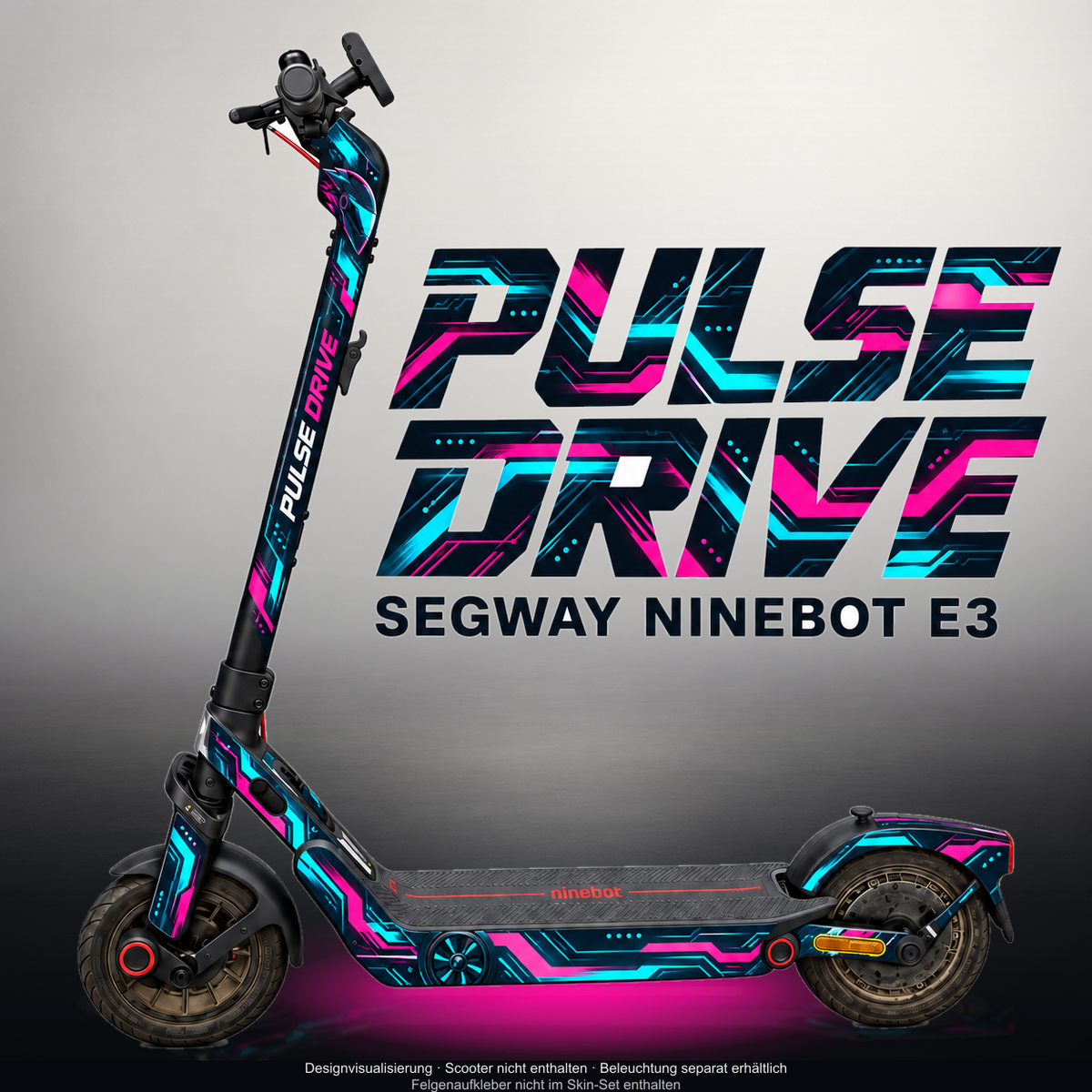 SEGWAY NINEBOT E3 / E3 PRO SKIN | PULSE DRIVE – Designvisualisierung mit Licht in der Skinfarbe; Scooter nicht enthalten, Beleuchtung separat erhältlich