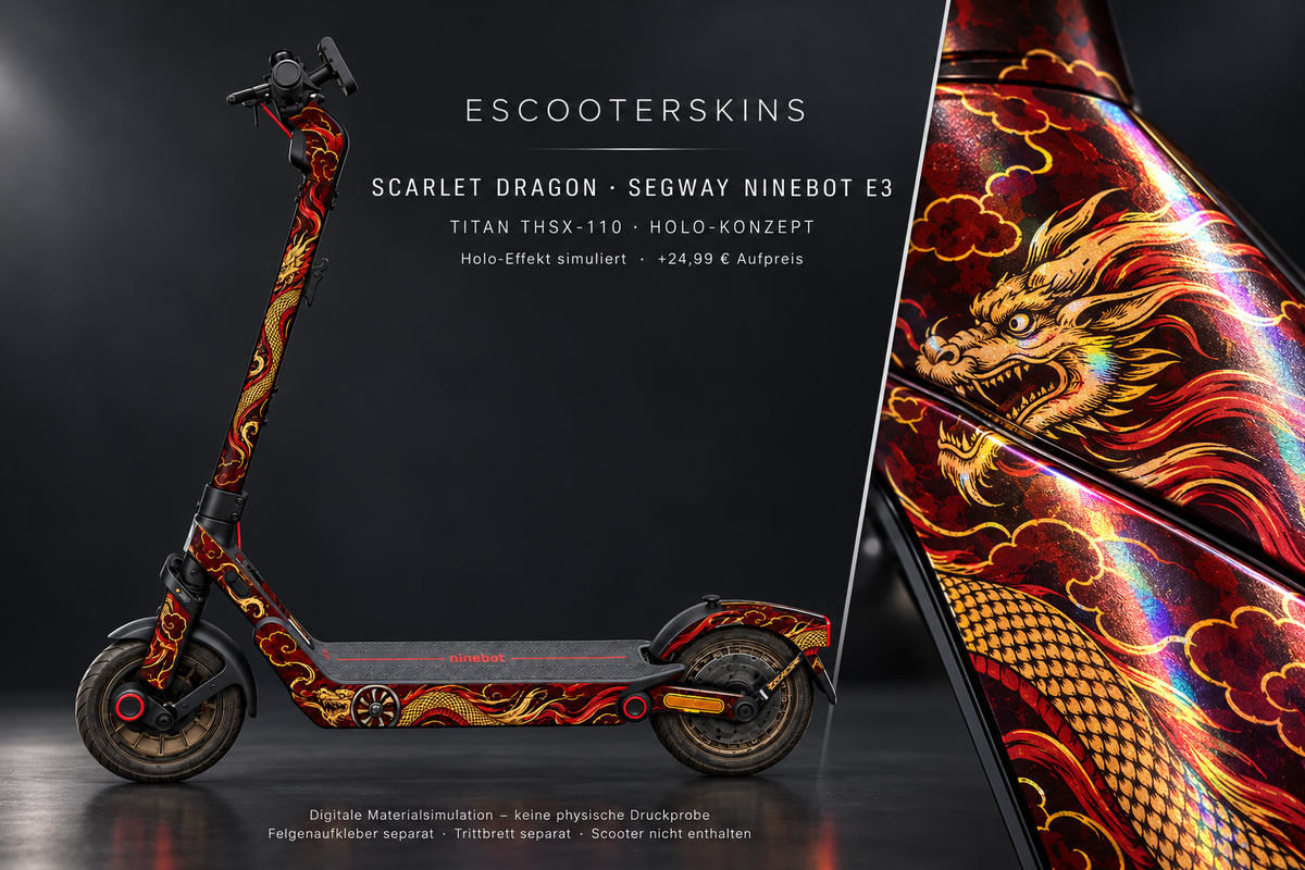 SEGWAY NINEBOT E3 / E3 PRO SKIN | SCARLET DRAGON – Holo-Effekt simuliert; +24,99 EUR Aufpreis. Digitale Materialsimulation, keine physische Druckprobe. Nur Body-Skin; Trittbrett und Felgenaufkleber separat; Scooter nicht enthalten.