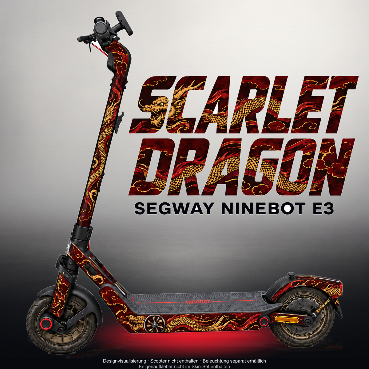 SEGWAY NINEBOT E3 / E3 PRO SKIN | SCARLET DRAGON – Designvisualisierung mit Licht in der Skinfarbe; Scooter nicht enthalten, Beleuchtung separat erhältlich