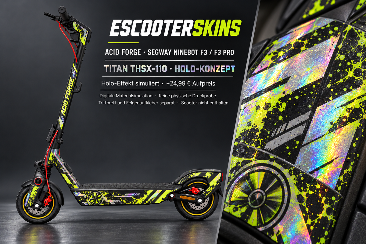 SEGWAY NINEBOT F3 / F3 PRO SKIN | ACID FORGE – Holo-Effekt simuliert; +24,99 EUR Aufpreis. Digitale Materialsimulation, keine physische Druckprobe. Nur Body-Skin; Trittbrett und Felgenaufkleber separat; Scooter nicht enthalten.