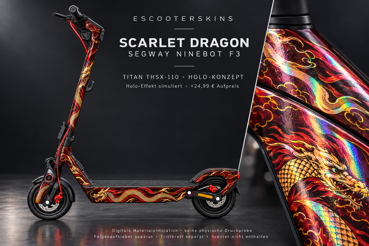 SEGWAY NINEBOT F3 / F3 PRO SKIN | SCARLET DRAGON – Holo-Effekt simuliert; +24,99 EUR Aufpreis. Digitale Materialsimulation, keine physische Druckprobe. Nur Body-Skin; Trittbrett und Felgenaufkleber separat; Scooter nicht enthalten.