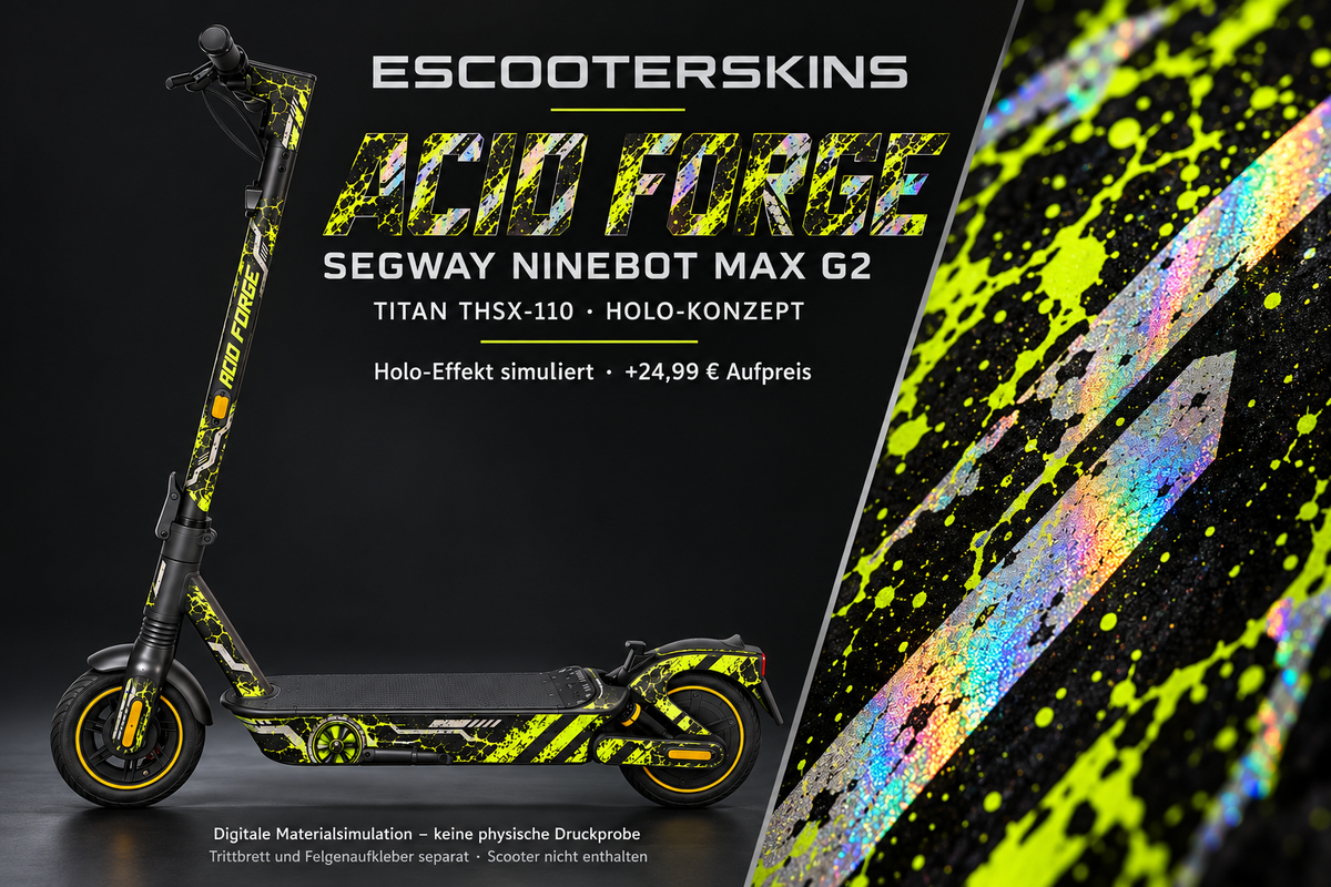SEGWAY NINEBOT G2 MAX SKIN | ACID FORGE – Holo-Effekt simuliert; +24,99 EUR Aufpreis. Digitale Materialsimulation, keine physische Druckprobe. Nur Body-Skin; Trittbrett und Felgenaufkleber separat; Scooter nicht enthalten.