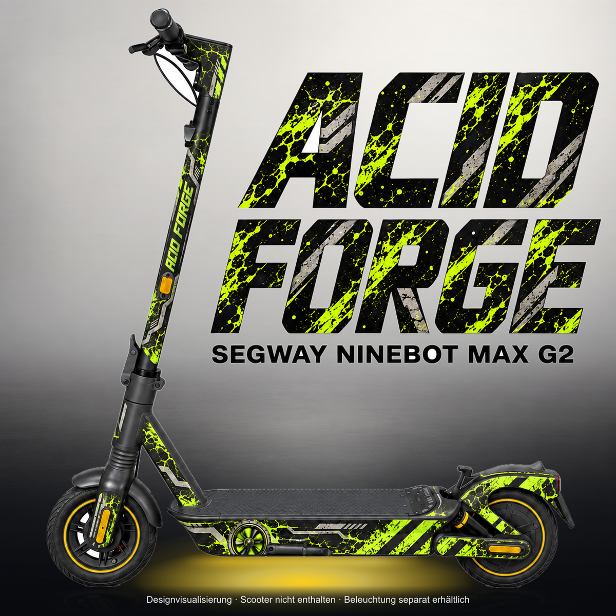 SEGWAY NINEBOT G2 MAX SKIN | ACID FORGE – Studiofoto mit Licht in der Skinfarbe; Scooter und Beleuchtung separat erhältlich