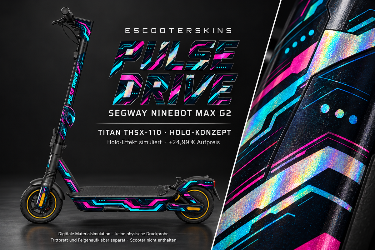 SEGWAY NINEBOT G2 MAX SKIN | PULSE DRIVE – Holo-Effekt simuliert; +24,99 EUR Aufpreis. Digitale Materialsimulation, keine physische Druckprobe. Nur Body-Skin; Trittbrett und Felgenaufkleber separat; Scooter nicht enthalten.