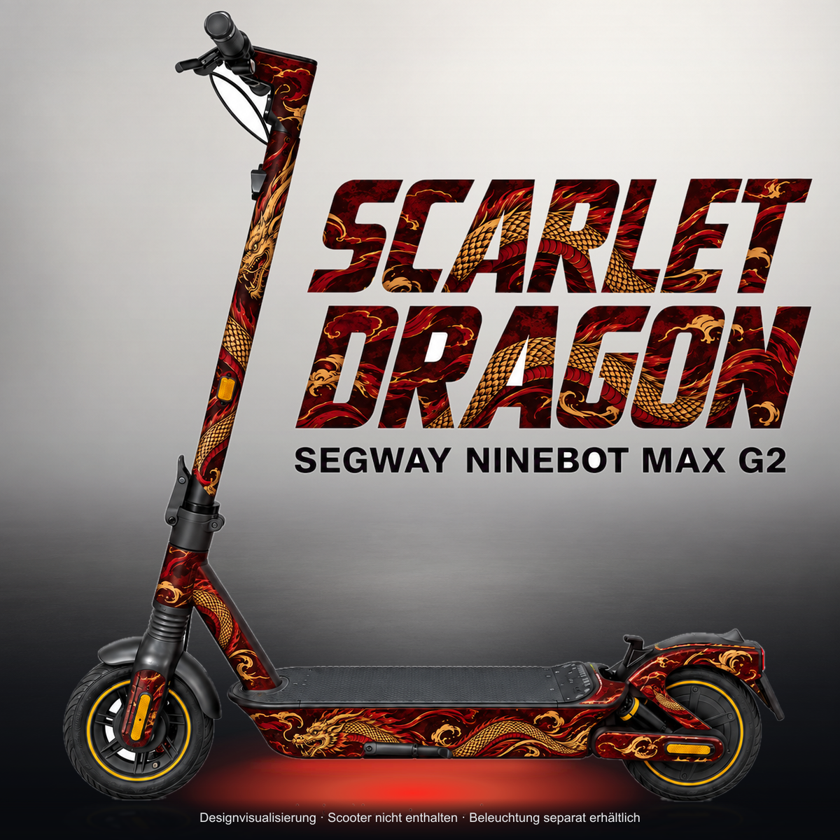 SEGWAY NINEBOT G2 MAX SKIN | SCARLET DRAGON – Studiofoto mit Licht in der Skinfarbe; Scooter und Beleuchtung separat erhältlich