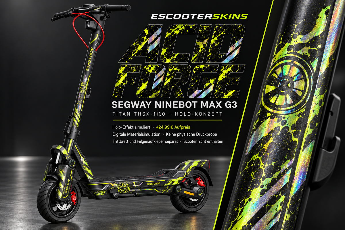 SEGWAY NINEBOT G3 / G3 D / G3 E SKIN | ACID FORGE – Holo-Effekt simuliert; +24,99 EUR Aufpreis. Digitale Materialsimulation, keine physische Druckprobe. Nur Body-Skin; Trittbrett und Felgenaufkleber separat; Scooter nicht enthalten.