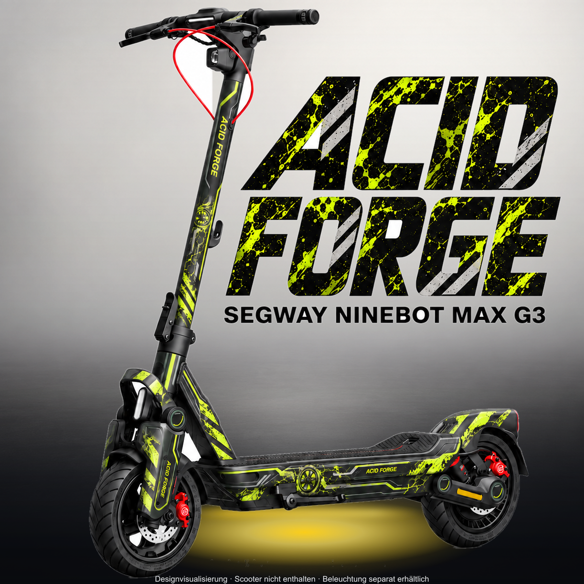 SEGWAY NINEBOT G3 / G3 D / G3 E SKIN | ACID FORGE – Studiofoto mit Licht in der Skinfarbe; Scooter und Beleuchtung separat erhältlich