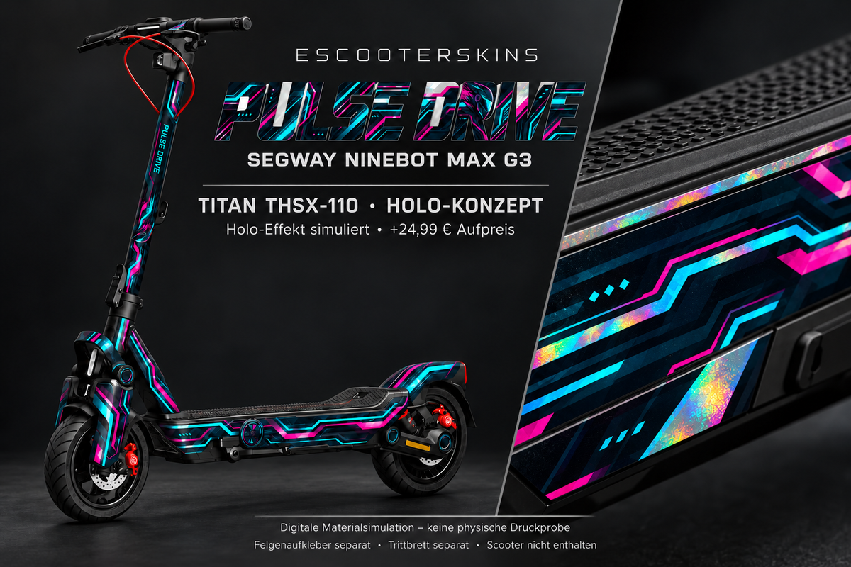 SEGWAY NINEBOT G3 / G3 D / G3 E SKIN | PULSE DRIVE – Holo-Effekt simuliert; +24,99 EUR Aufpreis. Digitale Materialsimulation, keine physische Druckprobe. Nur Body-Skin; Trittbrett und Felgenaufkleber separat; Scooter nicht enthalten.