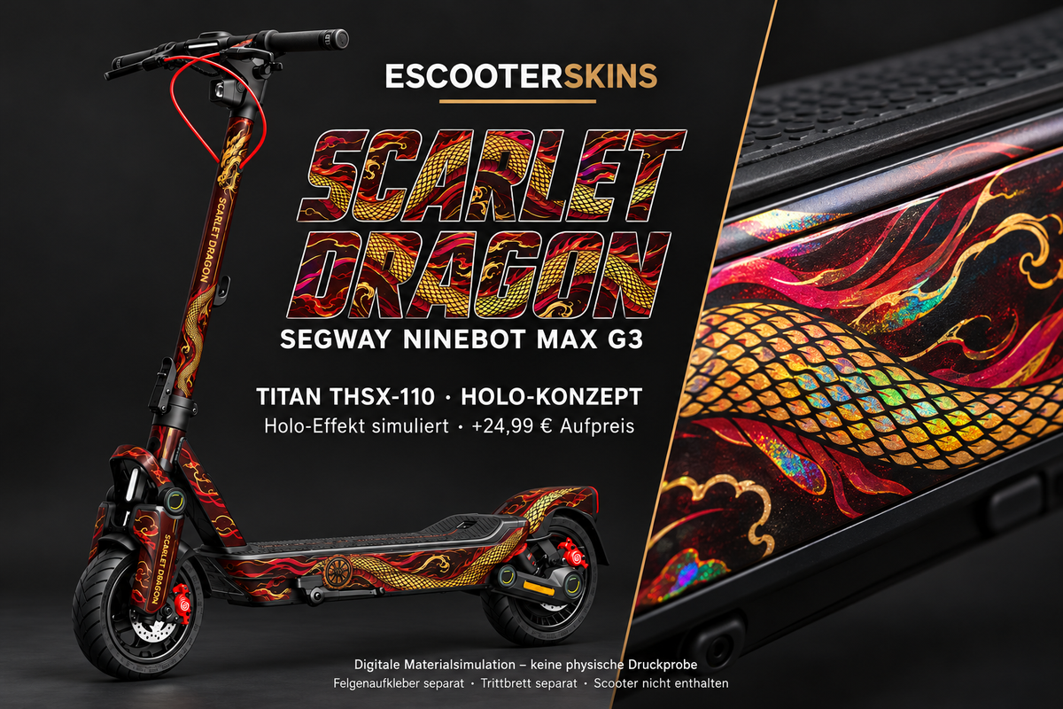 SEGWAY NINEBOT G3 / G3 D / G3 E SKIN | SCARLET DRAGON – Holo-Effekt simuliert; +24,99 EUR Aufpreis. Digitale Materialsimulation, keine physische Druckprobe. Nur Body-Skin; Trittbrett und Felgenaufkleber separat; Scooter nicht enthalten.