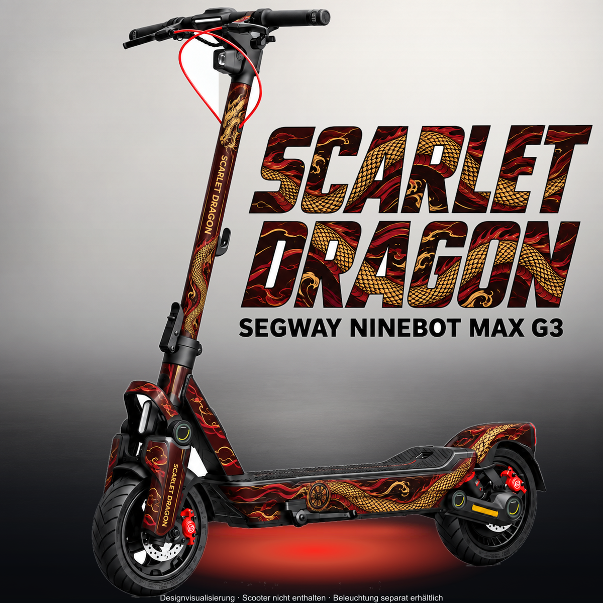 SEGWAY NINEBOT G3 / G3 D / G3 E SKIN | SCARLET DRAGON – Studiofoto mit Licht in der Skinfarbe; Scooter und Beleuchtung separat erhältlich