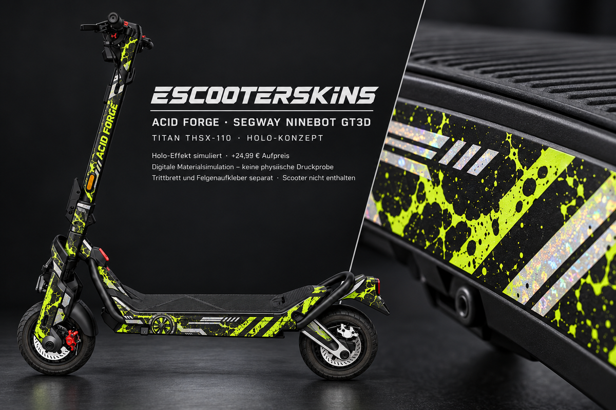 SEGWAY NINEBOT GT3 SKIN | ACID FORGE – Holo-Effekt simuliert; +24,99 EUR Aufpreis. Digitale Materialsimulation, keine physische Druckprobe. Nur Body-Skin; Trittbrett und Felgenaufkleber separat; Scooter nicht enthalten.