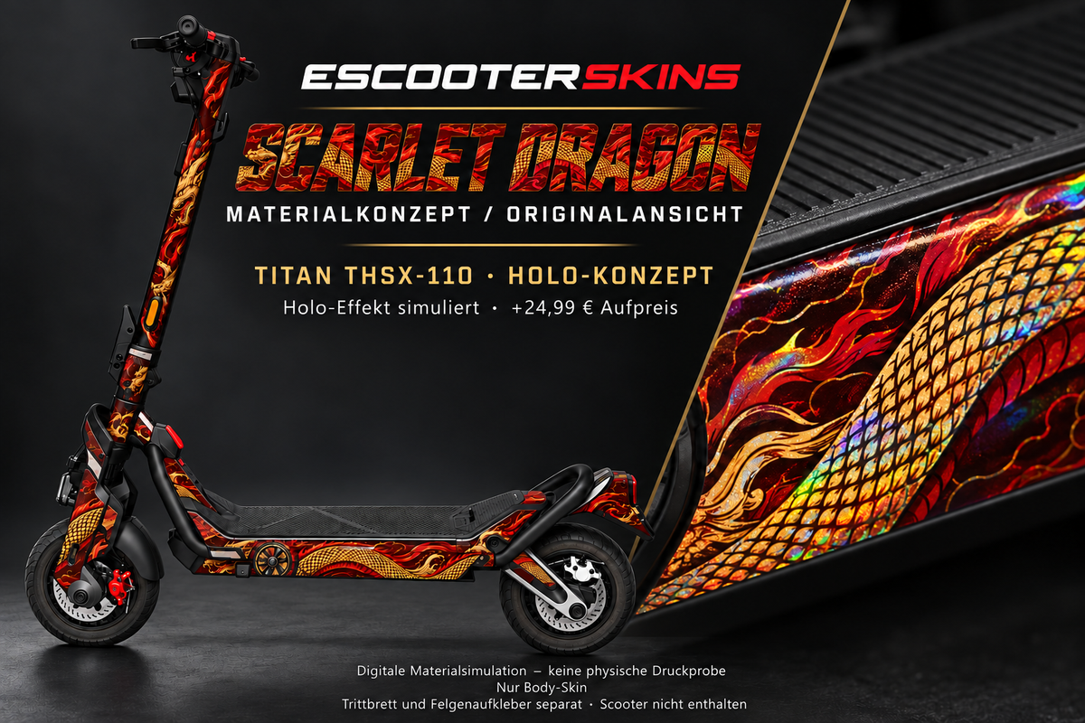 SCARLET DRAGON – Holo-Effekt simuliert; +24,99 EUR Aufpreis. Digitale Materialsimulation, keine physische Druckprobe. Nur Body-Skin; Trittbrett und Felgenaufkleber separat; Scooter nicht enthalten.