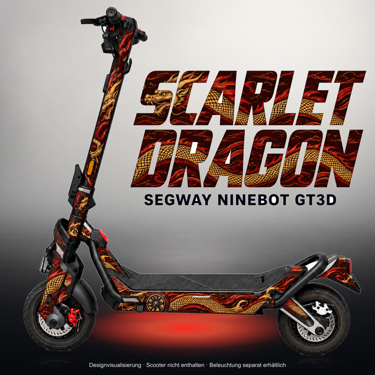 SEGWAY NINEBOT GT3 SKIN | SCARLET DRAGON – Studiofoto mit Licht in der Skinfarbe; Scooter und Beleuchtung separat erhältlich