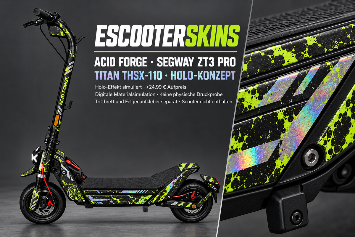SEGWAY NINEBOT ZT3 PRO / ZT3 PRO D SKIN | ACID FORGE – Holo-Effekt simuliert; +24,99 EUR Aufpreis. Digitale Materialsimulation, keine physische Druckprobe. Nur Body-Skin; Trittbrett und Felgenaufkleber separat; Scooter nicht enthalten.