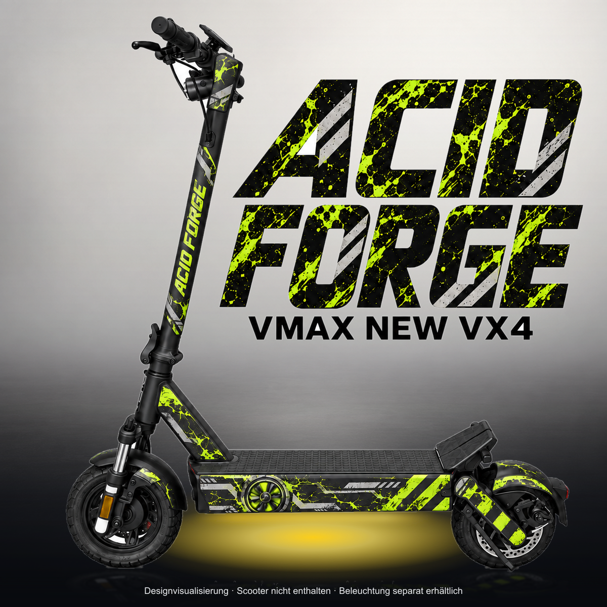 VMAX NEW VX4 SKIN | ACID FORGE – Studiofoto mit Licht in der Skinfarbe; Scooter und Beleuchtung separat erhältlich
