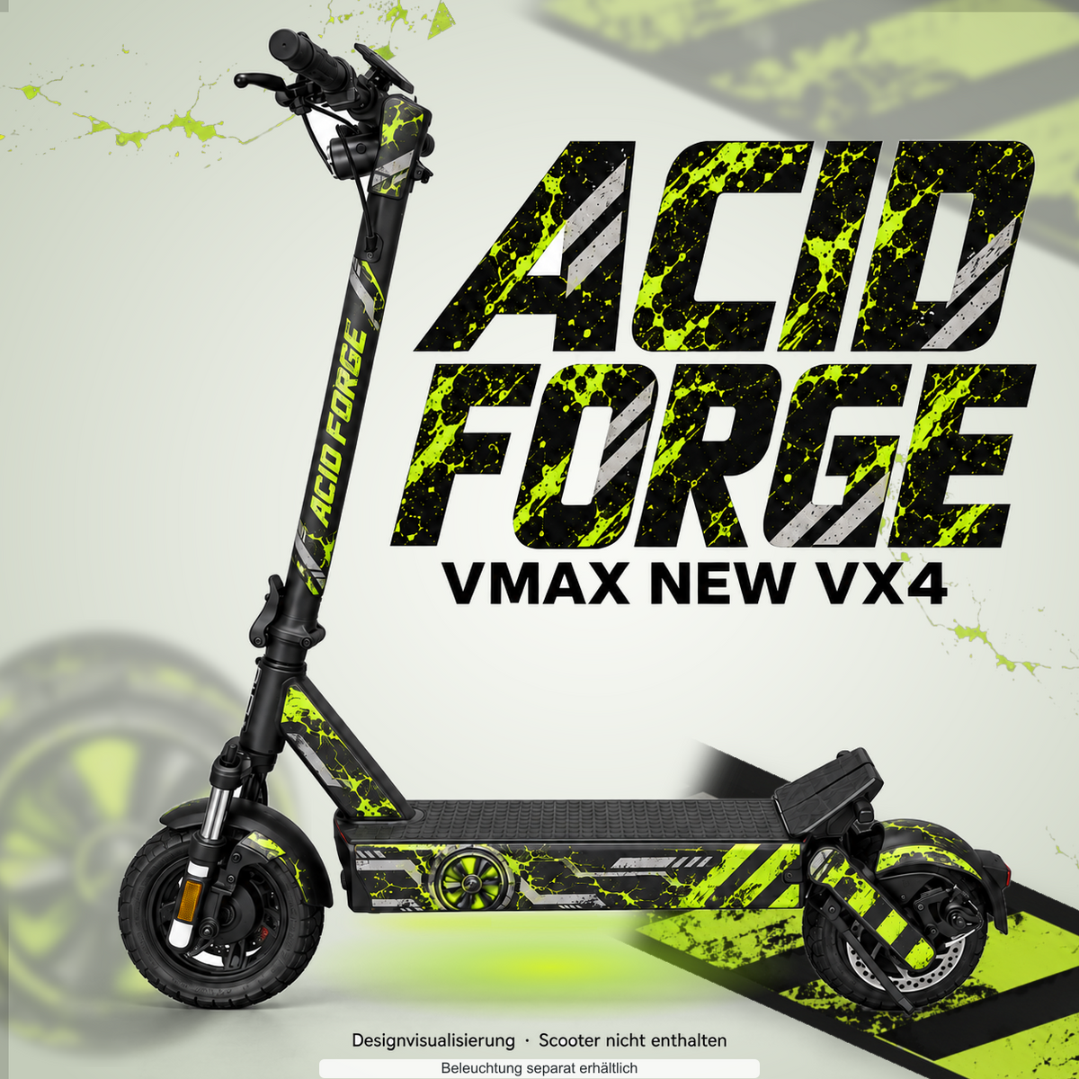 Skin-Designvisualisierung mit farblich passendem Lichtschein; Scooter nicht enthalten, Beleuchtung separat erhältlich