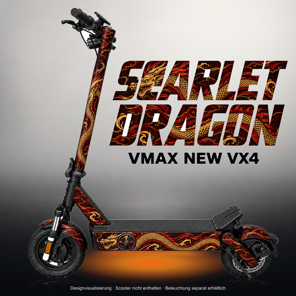 VMAX NEW VX4 SKIN | SCARLET DRAGON – Studiofoto mit Licht in der Skinfarbe; Scooter und Beleuchtung separat erhältlich