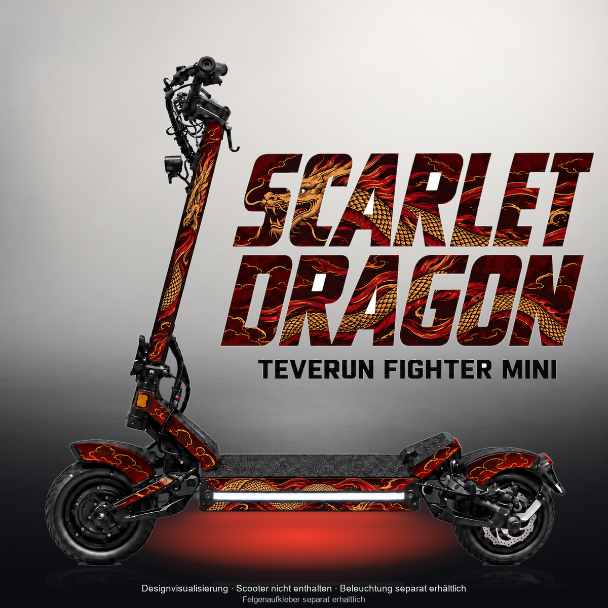 TEVERUN FIGHTER MINI / PRO SKIN | SCARLET DRAGON – Studiofoto mit Licht in der Skinfarbe; Scooter und Beleuchtung separat erhältlich