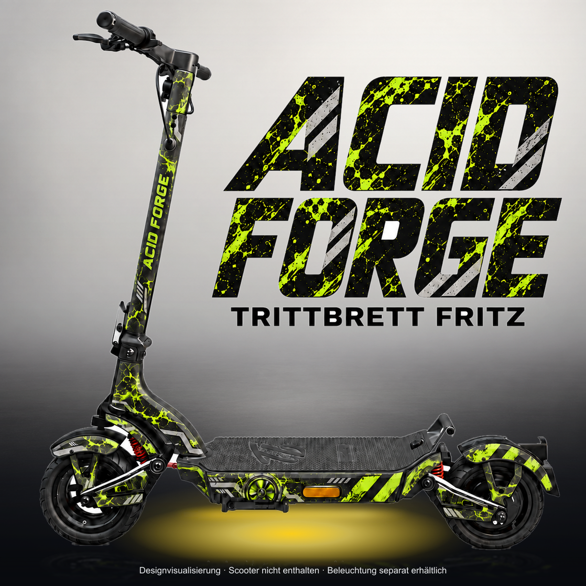TRITTBRETT FRITZ SKIN | ACID FORGE – Studiofoto mit Licht in der Skinfarbe; Scooter und Beleuchtung separat erhältlich