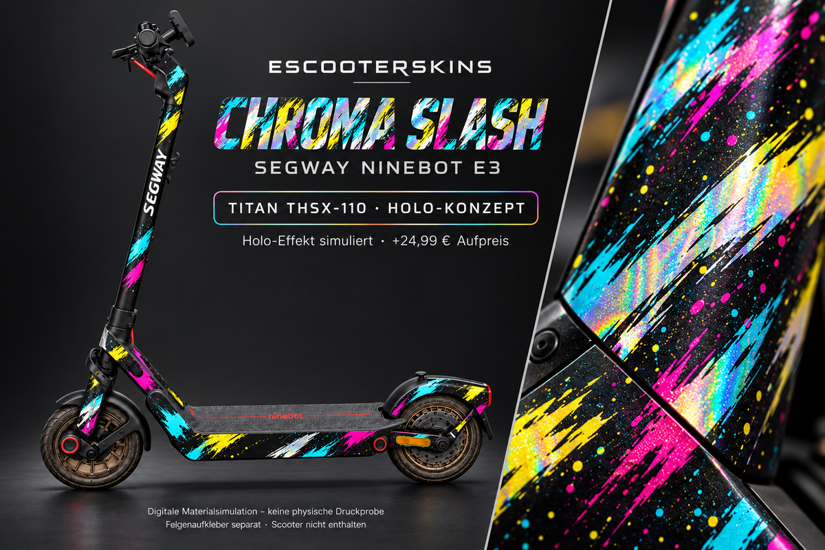 SEGWAY NINEBOT E3 / E3 PRO SKIN | CHROMA SLASH – Holo-Effekt simuliert; +24,99 EUR Aufpreis. Digitale Materialsimulation, keine physische Druckprobe. Nur Body-Skin; Trittbrett und Felgenaufkleber separat; Scooter nicht enthalten.