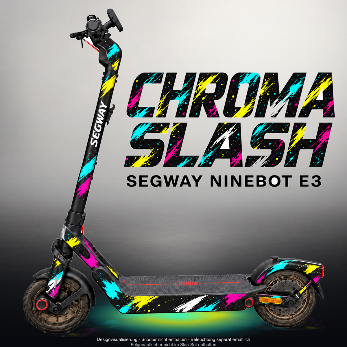 SEGWAY NINEBOT E3 / E3 PRO SKIN | CHROMA SLASH – Designvisualisierung mit Licht in der Skinfarbe; Scooter nicht enthalten, Beleuchtung separat erhältlich
