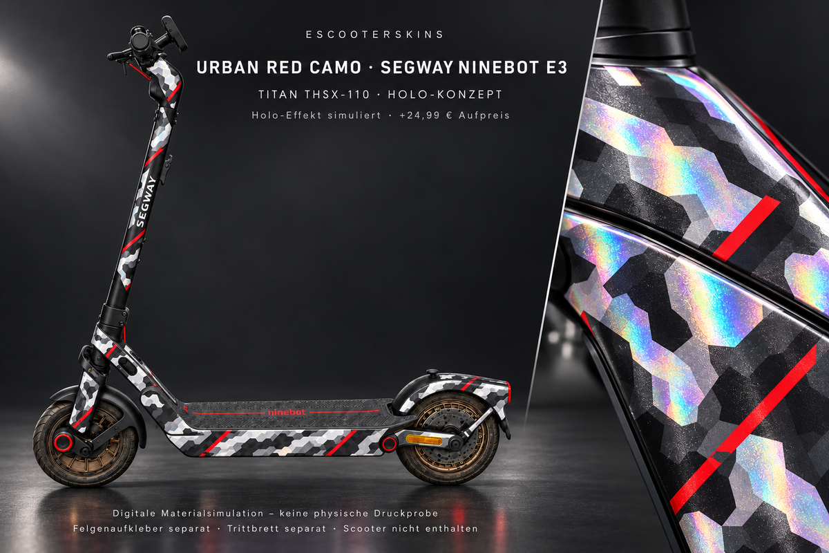 SEGWAY NINEBOT E3 / E3 PRO SKIN | URBAN RED CAMO – Holo-Effekt simuliert; +24,99 EUR Aufpreis. Digitale Materialsimulation, keine physische Druckprobe. Nur Body-Skin; Trittbrett und Felgenaufkleber separat; Scooter nicht enthalten.