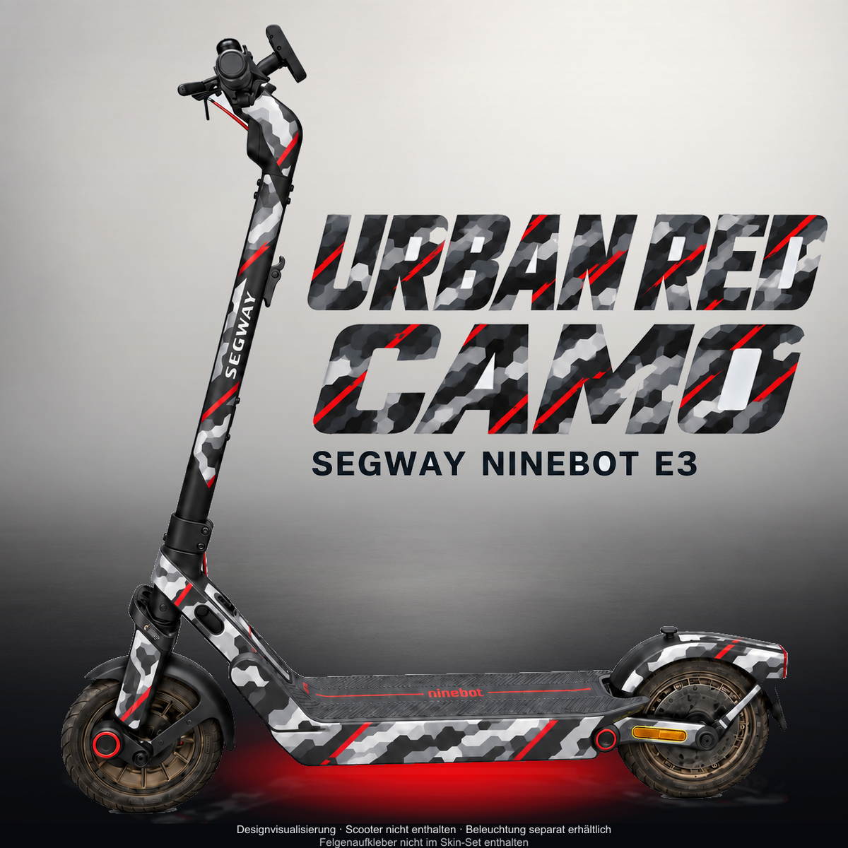 SEGWAY NINEBOT E3 / E3 PRO SKIN | URBAN RED CAMO – Designvisualisierung mit Licht in der Skinfarbe; Scooter nicht enthalten, Beleuchtung separat erhältlich