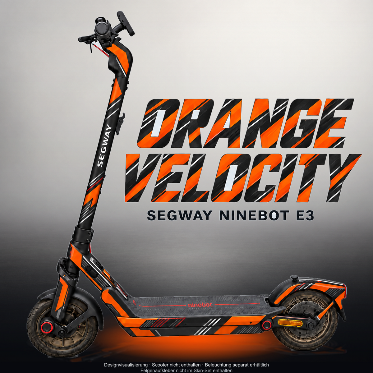 SEGWAY NINEBOT E3 / E3 PRO SKIN | ORANGE VELOCITY – Designvisualisierung mit Licht in der Skinfarbe; Scooter nicht enthalten, Beleuchtung separat erhältlich