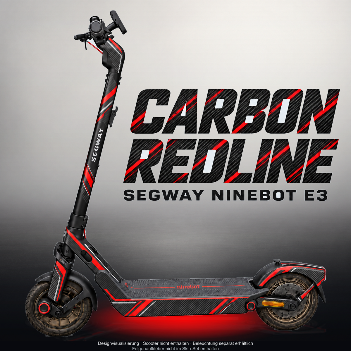 SEGWAY NINEBOT E3 / E3 PRO SKIN | CARBON REDLINE – Designvisualisierung mit Licht in der Skinfarbe; Scooter nicht enthalten, Beleuchtung separat erhältlich